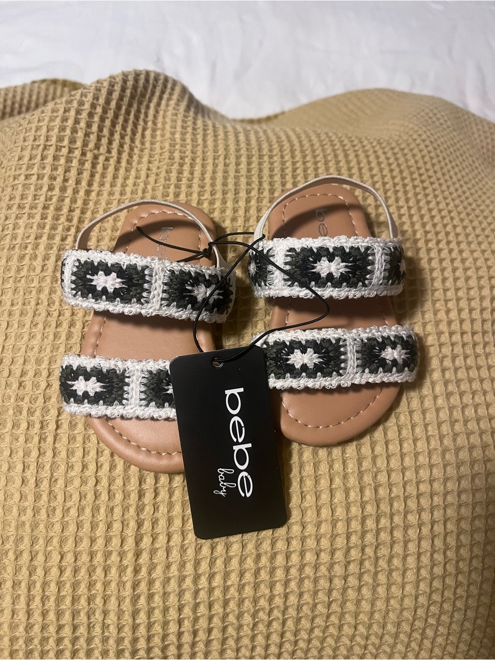 bebe Tan Sandals with Black & White Crochet Straps